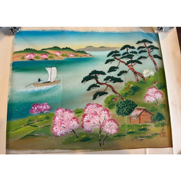 Vintage Japanese Silk Painting Cherry Blossom Landscape Signed Art - Picture 1 of 9